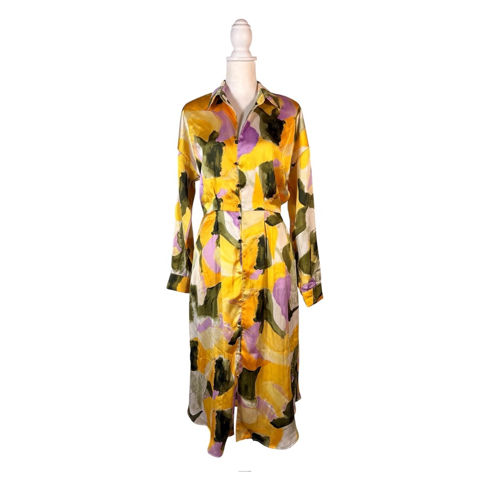 French Connection Abstract Watercolor Midi Dress L Artsy Maximalist Bold Modern